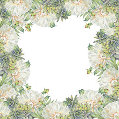Watercolor square frame with copy space. Bouquet with green succulent echeveria and milky peony on white background. Botanical hand-drawn art for wedding card. Evergreen home flower wallpaper