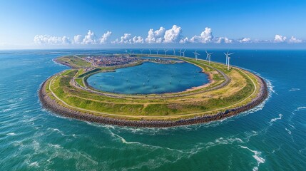 Aerial View of a Coastal Town with Wind Turbines