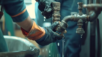 Mechanic repairs leaky valve, factory