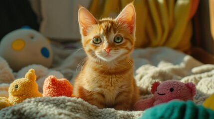 Kitten plays, sunlit room, toys