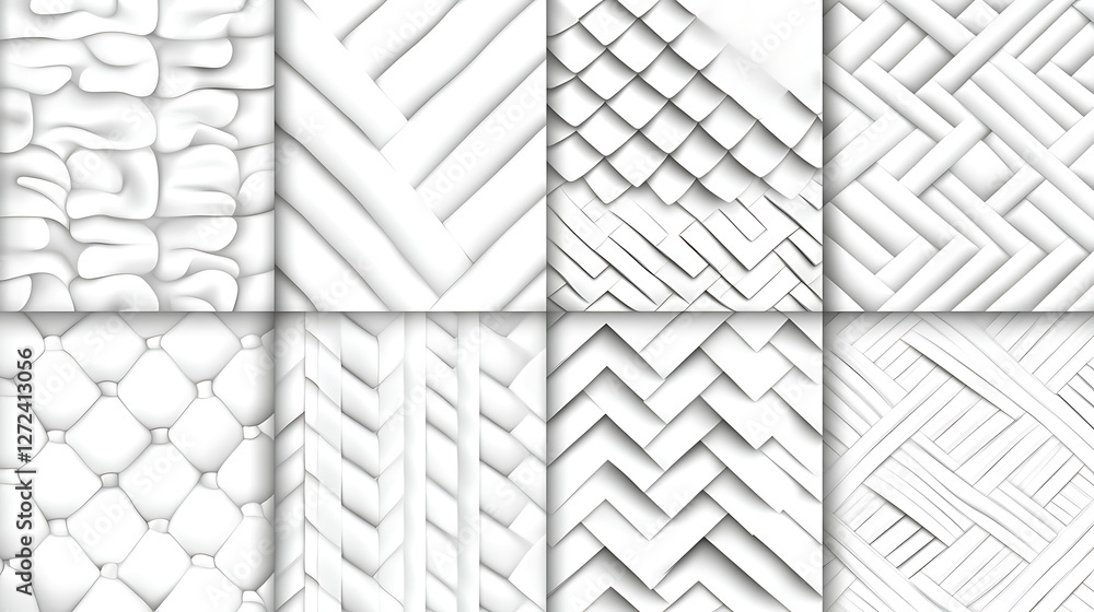 Poster dynamic composition of interlocking white geometric patterns with subtle shadow play art.
