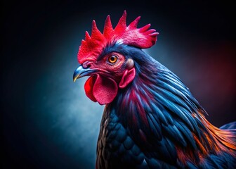Majestic Black Chicken with Red Comb - Night Photography Stock Photo