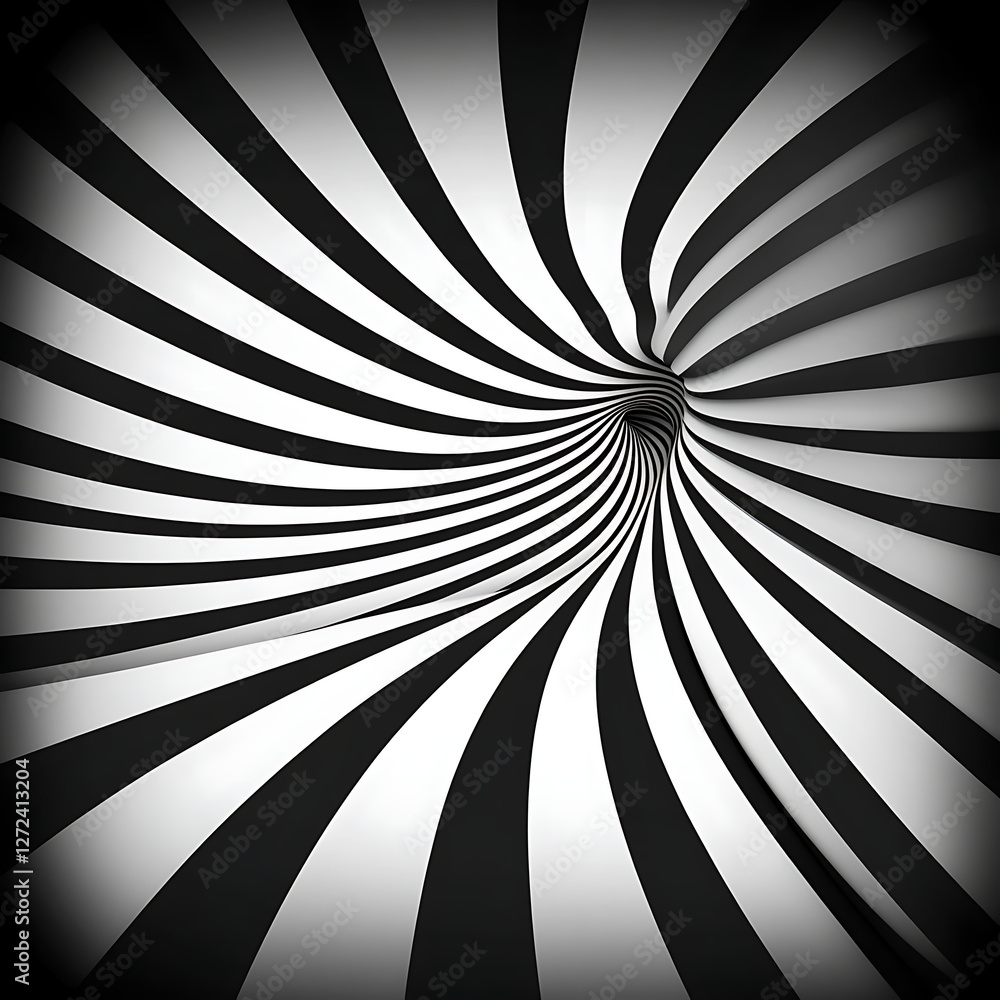 Poster dynamic optical illusion vortex of black and white stripes creating a hypnotic tunnel effect.