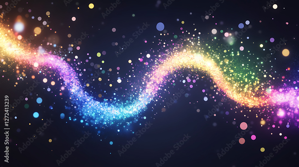 Poster dynamic rainbow light stream in motion with sparkling dust and bokeh effect on a dark background.