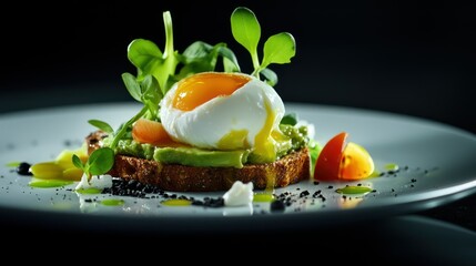 Poached egg avocado toast, dark background