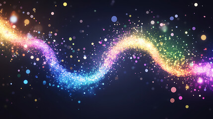 Obraz premium Dynamic Rainbow Light Stream in Motion with Sparkling Dust and Bokeh Effect on a Dark Background.