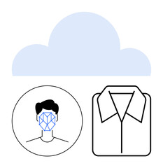 Face mesh in a circle, shirt symbol, large cloud above. Ideal for biometrics, AI, data security, online identity, fashion tech, cloud storage abstract line flat metaphor