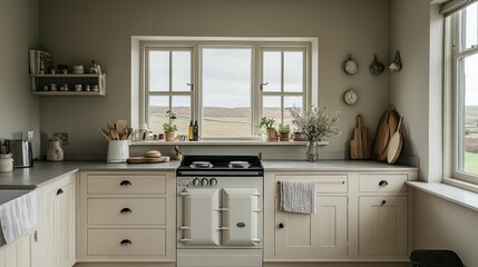 A serene and well-balanced kitchen layout ensuring the stove is placed for good fortune