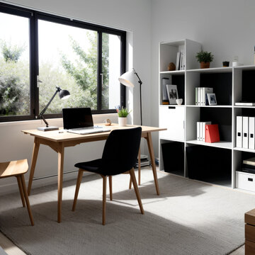 Bureau contemporain avec mobilier en bois et biblioth&egrave;que murale pr&egrave;s d&rsquo;une fen&ecirc;tre