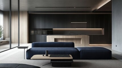 A sophisticated living area with a navy blue sofa and a sleek wooden display cabinet
