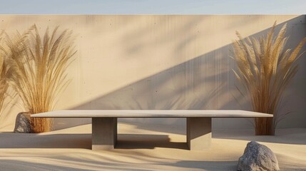 Clear concrete table, full view, centered and symmetrical, matte grey surface with sharp edges, direct perspective.