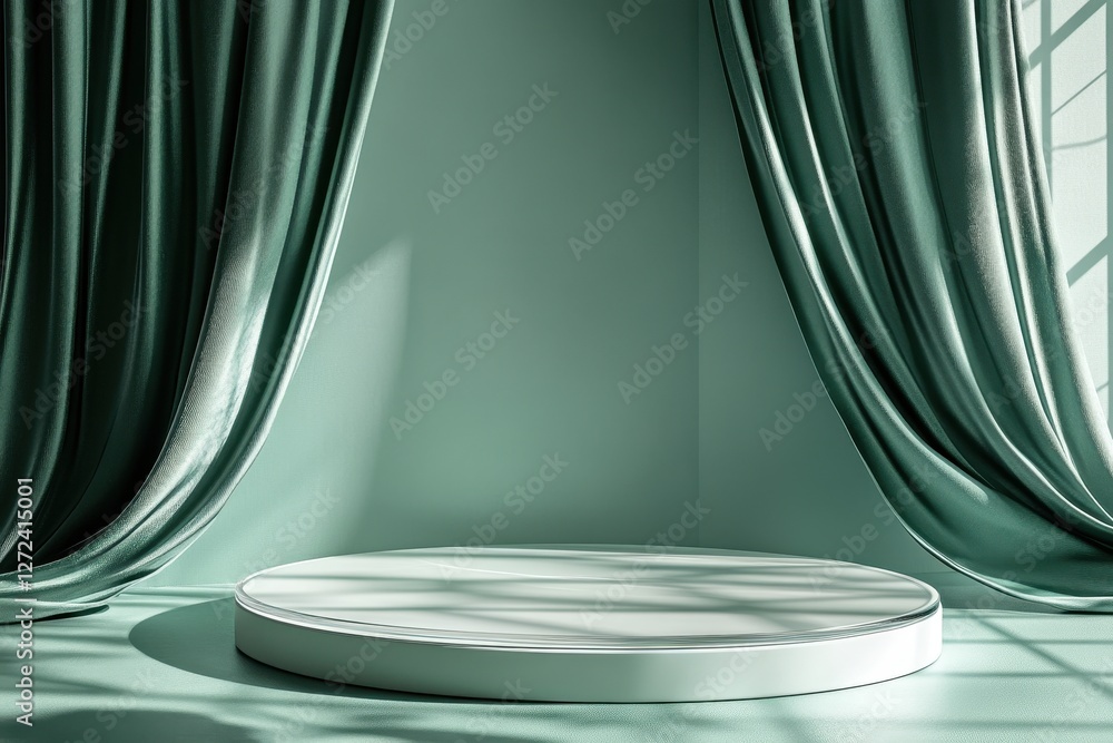Poster elegant round platform with sage green velvet curtains. perfect for product display or minimalist de