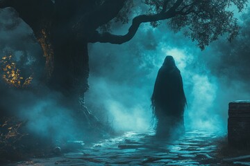 mysterious figure in dark forest illuminated by blue light haunting presence shadows mist