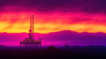 Obraz premium Offshore oil rig drilling against a colorful sunset sky and mountain background