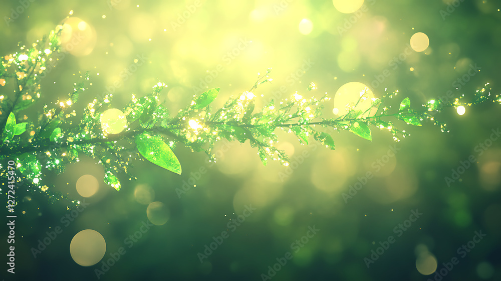 Poster enchanted forest branch with glittering bokeh in dreamy light 85 characters.