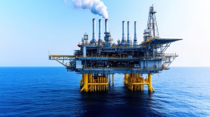 Oil platform extracting resources offshore with smoke on top. For energy news