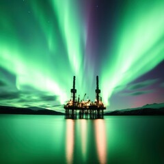 Obraz premium Oil rig platform with green aurora borealis lighting background, concept for energy sector