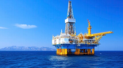 Oil rig drilling offshore in the ocean. Blue sky and mountains in background