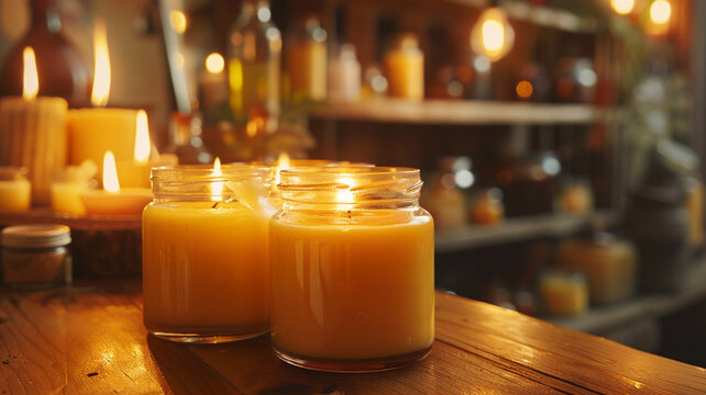 A candle-making workshop blends essential oils into hand-poured wax. Glass jars house these aromatic creations, perfect for relaxation and serenity.