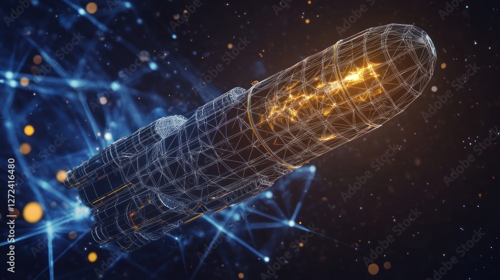 Poster wireframe rocket soaring through digital space network
