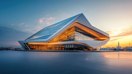 Obraz premium Modern architecture building at sunset, reflecting in water.