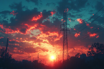 Fiery Dawn, Electrical Tower Silhouetted Against a Vibrant Sky