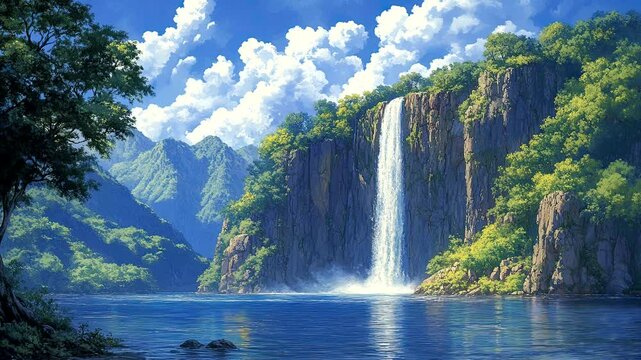 Serene waterfall cascading into crystal-clear lake surrounded by lush greenery. Seamless looping 4K video background