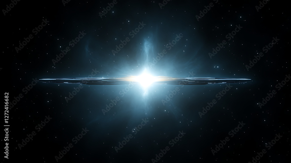 Poster enigmatic spaceship ascending through nebula with intense burst of light sci fi adventure image.
