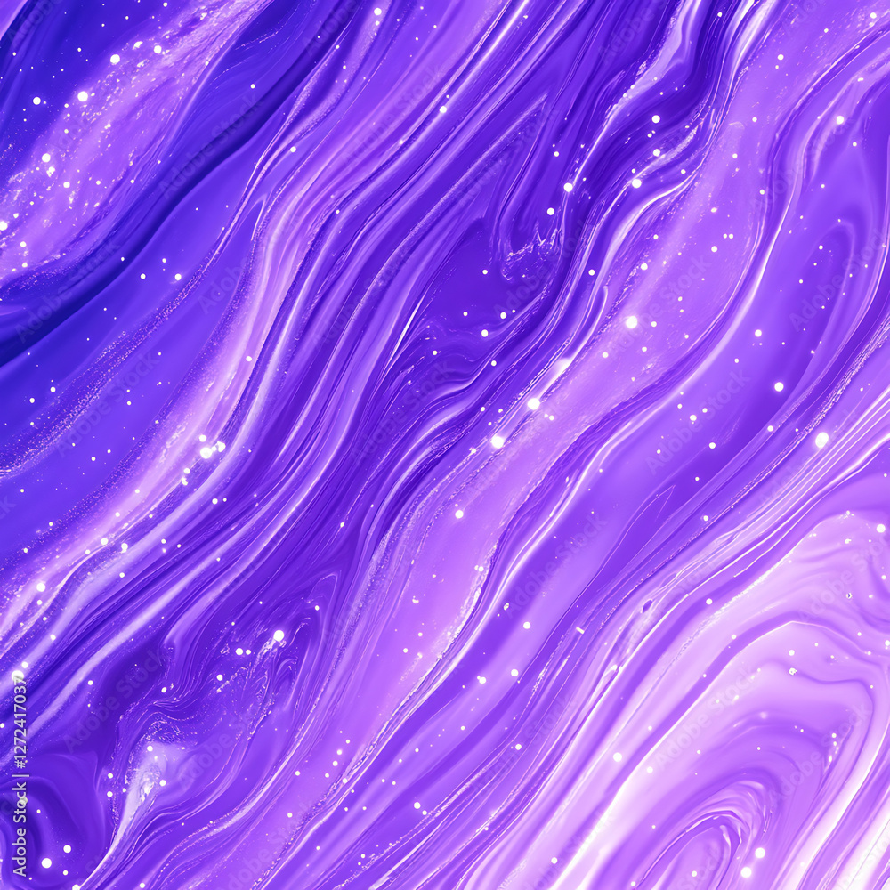 Poster ethereal amethyst swirls with glimmering particles in fluid abstract design composition.