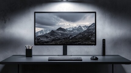 Fototapeta premium PC monitor showing a mountain scene on a desk with a mouse and keyboard