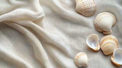 A serene collection of seashells resting on soft fabric, evoking calmness and beach-inspired tranquility for home decor or artistic projects.