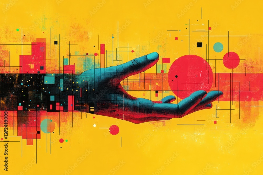 Poster Workflow Automation and Process Management with Flowchart and Geometric Shapes on Yellow Background