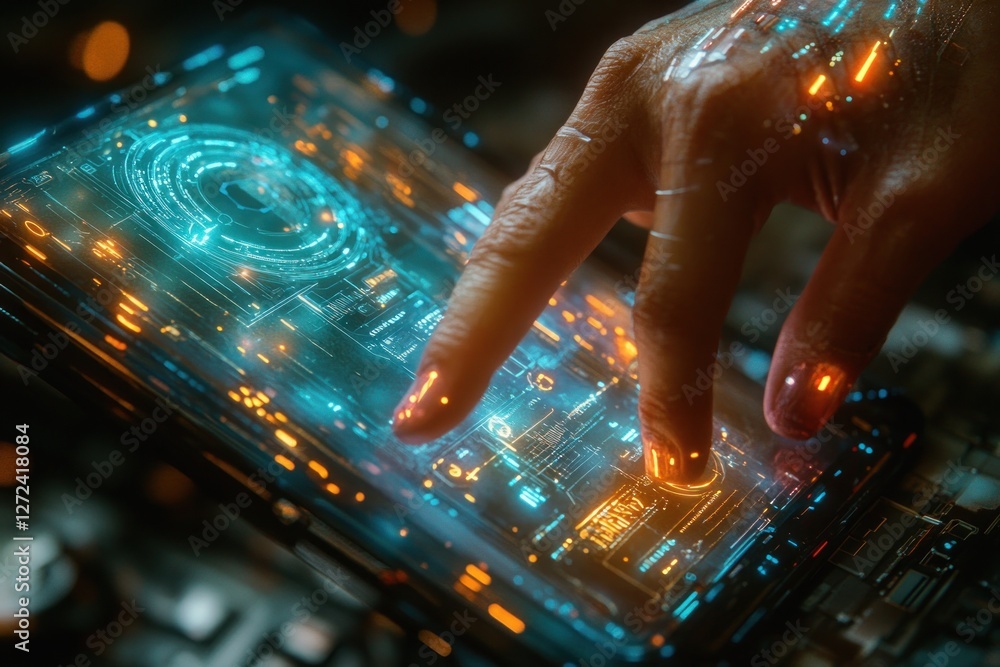 Poster cybersecurity and digital privacy in futuristic touchscreen technology with holographic security ele