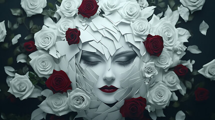 Ethereal Face Amongst White Roses and Crimson Blooms Striking Portrait Dreamy Floral Beauty.