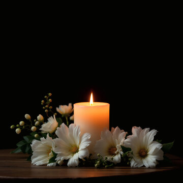 Elegant burning candlelight and white flowers tribute for memorial service announcement on wooden table, black background with copyspace for obituary text.