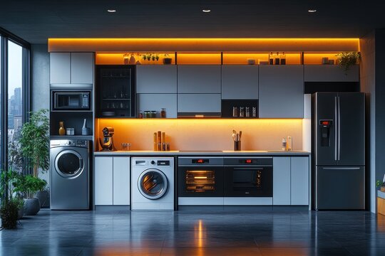 Modern Kitchen Appliances Showcase Dishwasher Oven Microwave Refrigerator Vacuum Cleaner Washing Machine