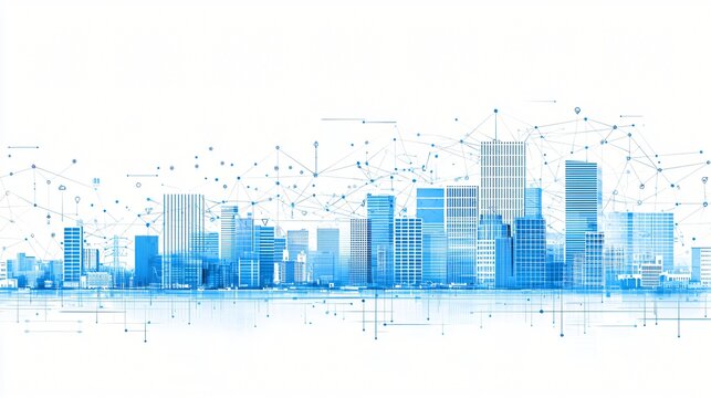 Smart city network, digital connections, urban landscape, technology future, website banner