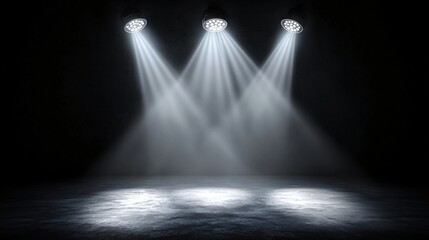 Stage lights illuminate empty dark floor
