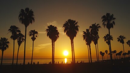 Obraz premium A stunning sunset view with silhouettes of palm trees against a vibrant orange sky, creating a serene and tranquil atmosphere.