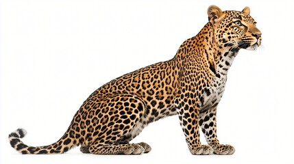 Leopard sitting, isolated, white background, wildlife