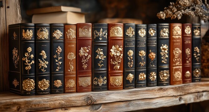 Vintage Old Books Close-Up on Wooden Shelf with Gold Leaf Detailing Literature History Nostalgia