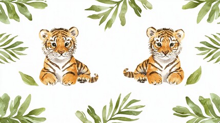 Two cute tiger cubs, tropical leaves, white background, nursery decor