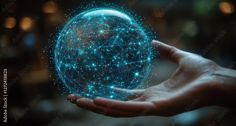 Poster digital globe with connections hand reaching cyberpunk artificial intelligence global network