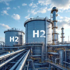 Obraz premium A modern industrial complex showcasing advanced hydrogen technology, featuring geometric pipeline networks, sleek storage tanks, and clean engineering design under a blue sky.