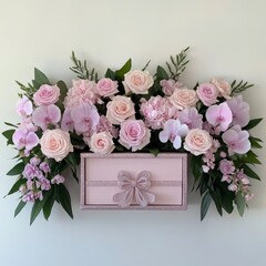 Pink floral arrangement with roses and orchids above a gift box, against a plain wall