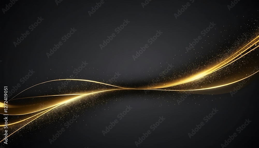 Poster ethereal golden flowing lines on dark background with sparkling particles