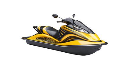 A yellow and black jet ski is parked on a white background