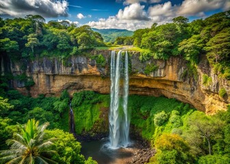 Fototapeta premium Majestic Chamarel Waterfall in Mauritius: Cascading Water and Lush Greenery