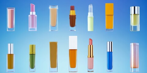 Obraz premium Collection of Vibrant Cosmetic Lip Products on Blue Background