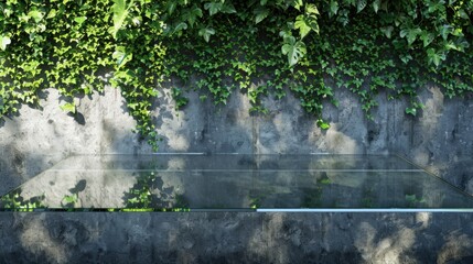 Clear glass table, rectangular, fully visible and centered, straight ahead, against a backdrop of bright green ivy climbing up a textured concrete wall.